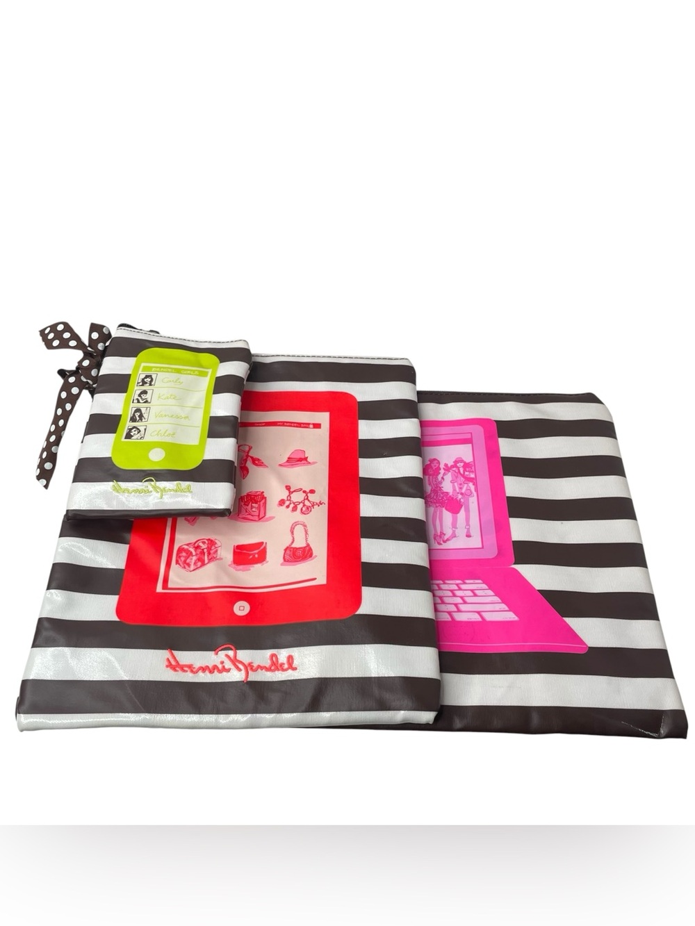 Henri Bendel To Go Tech Pouch Set 3 Brown White Stripe Laptop Tablet Phone Bag